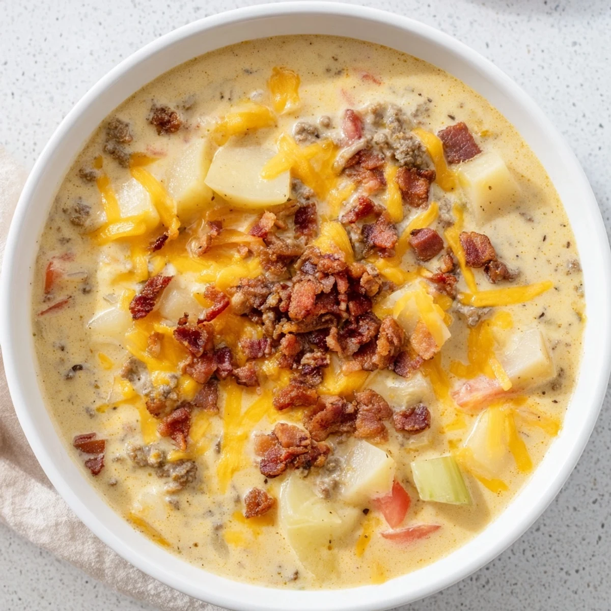 A steaming bowl of Crockpot Cheeseburger Soup topped with crispy bacon and fresh, diced tomatoes.