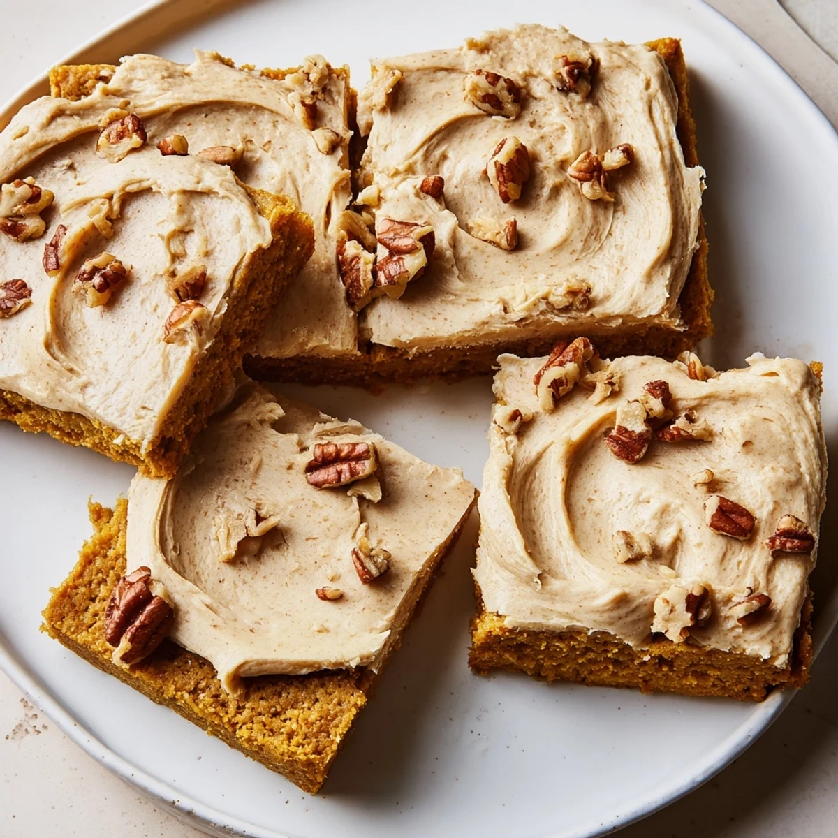 Warm and inviting image shows frosted Pumpkin Bars, perfect for a cozy autumn dessert.