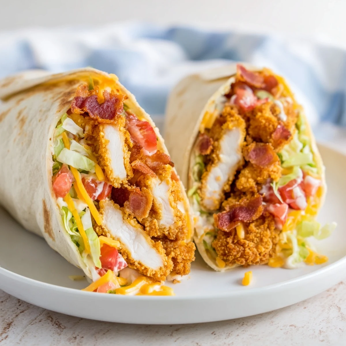 Golden, crispy chicken bacon ranch wrap, overflowing with fresh fillings, ready to eat!