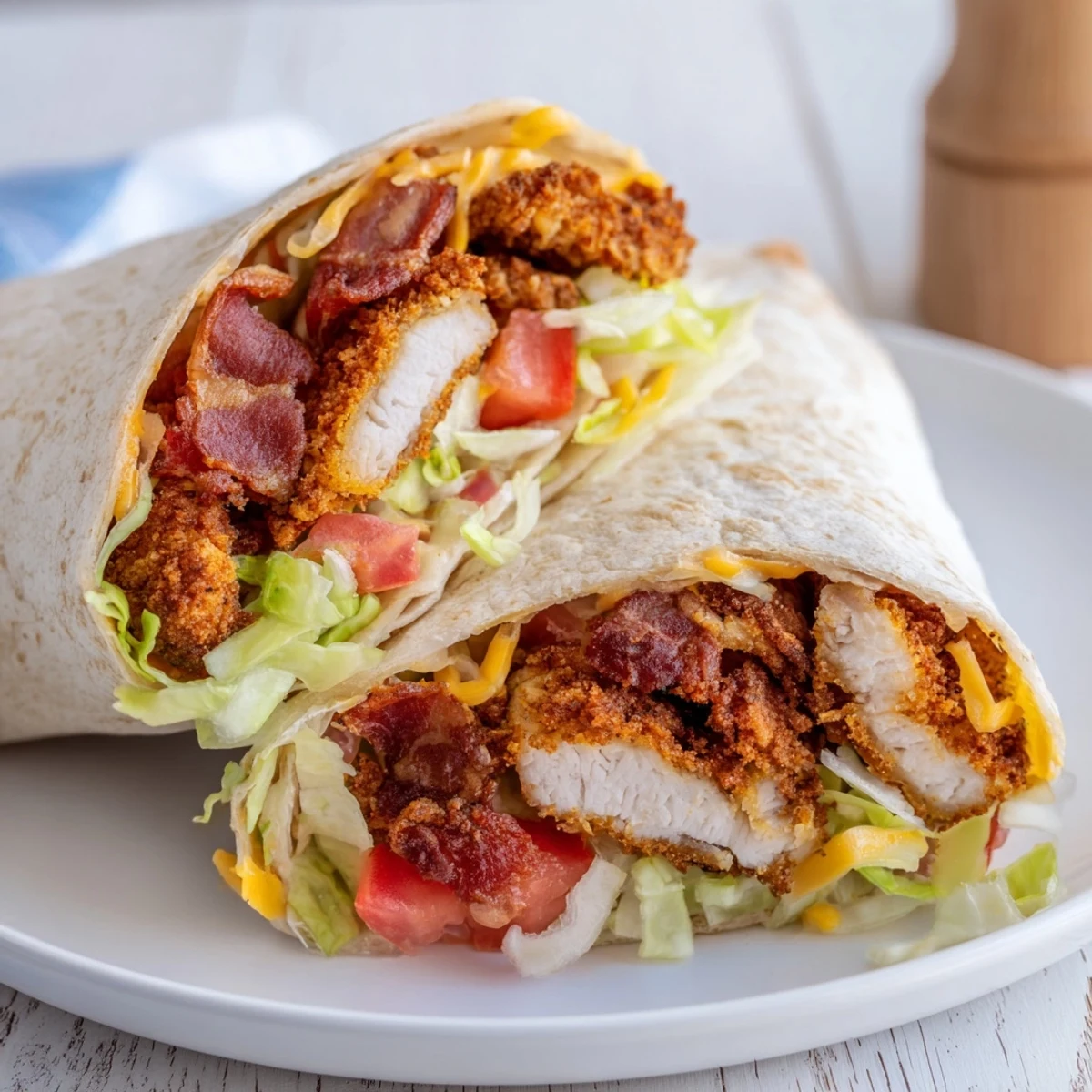 A close-up shot of the irresistible crispy chicken bacon ranch wrap, beautifully arranged and savory.