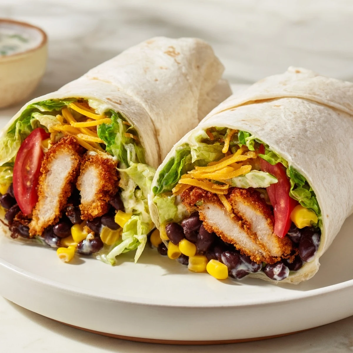 Golden-brown Southwest Chicken Wrap cut in half, revealing colorful fillings and creamy dressing.