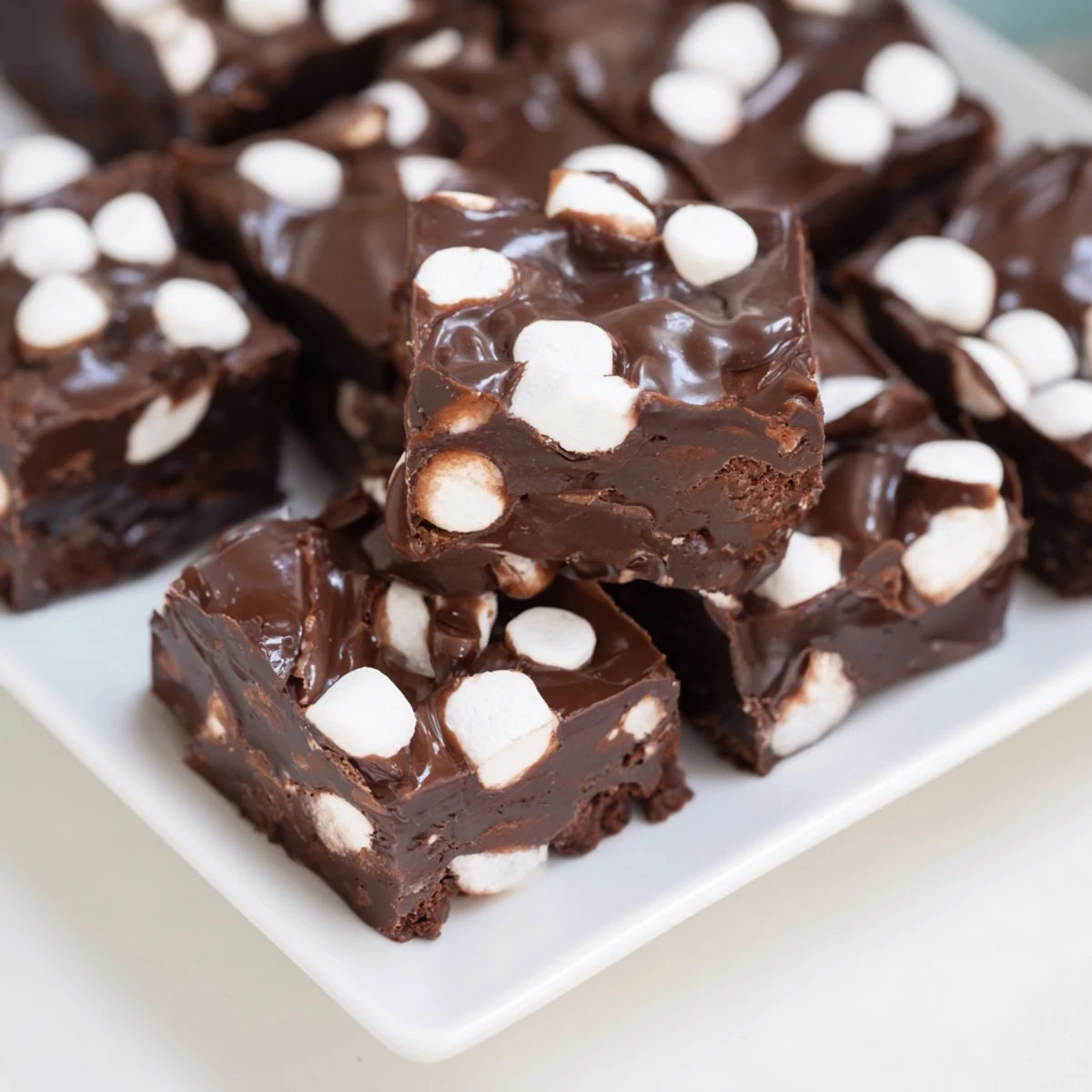 Creamy, decadent Easy Marshmallow Fudge, swirled with melted chocolate and flecked with white marshmallows, ready to eat.