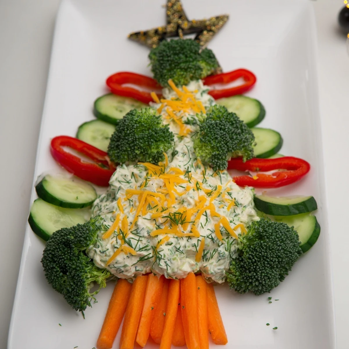 Christmas Tree Dip Platter arranged with fresh vegetables and crackers, a festive holiday appetizer.