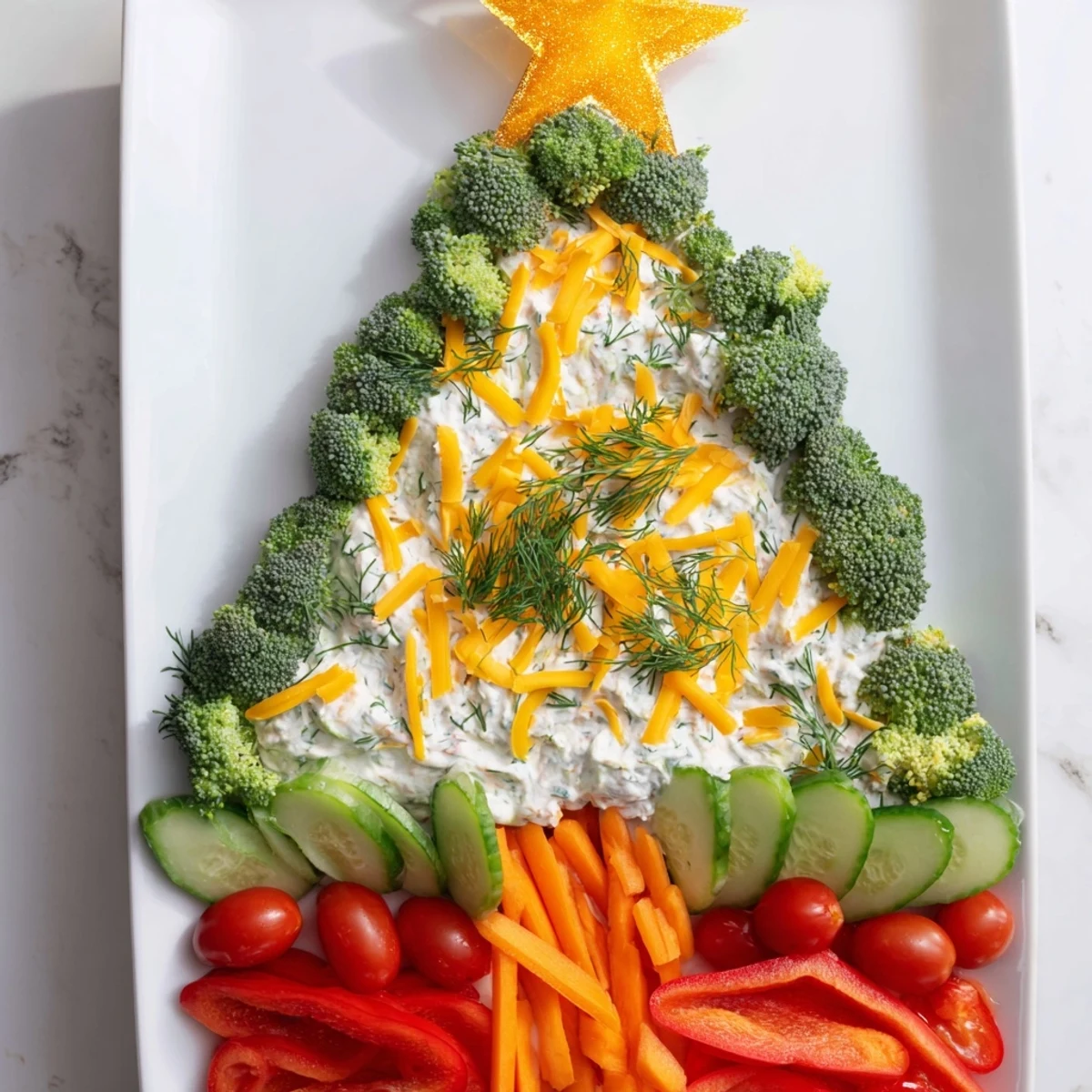 Creamy Christmas Tree Dip Platter, a visually stunning appetizer ready for dipping with colorful crudite.