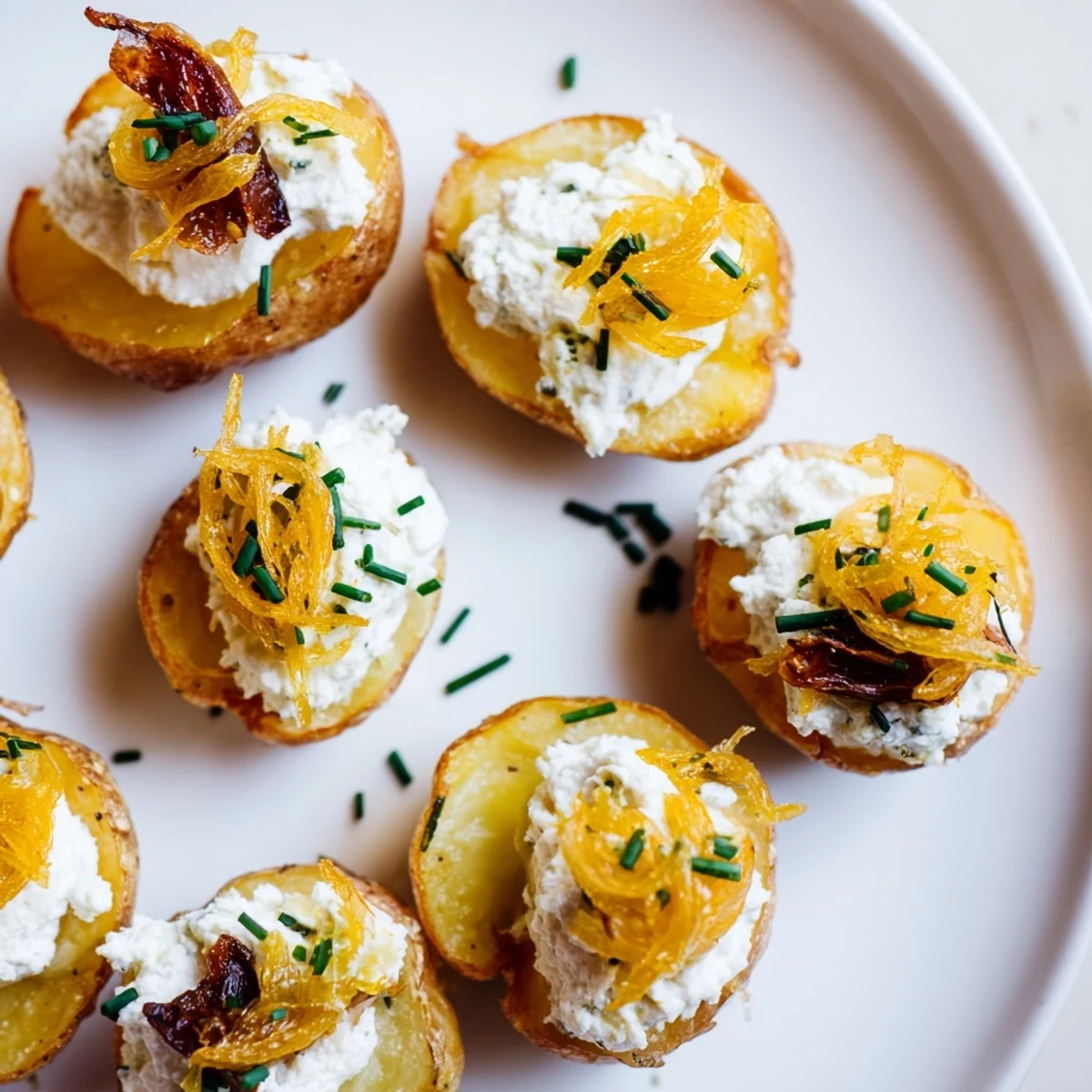Golden Lightened French Onion Potato Bites, topped with caramelized onions and melty cheese.