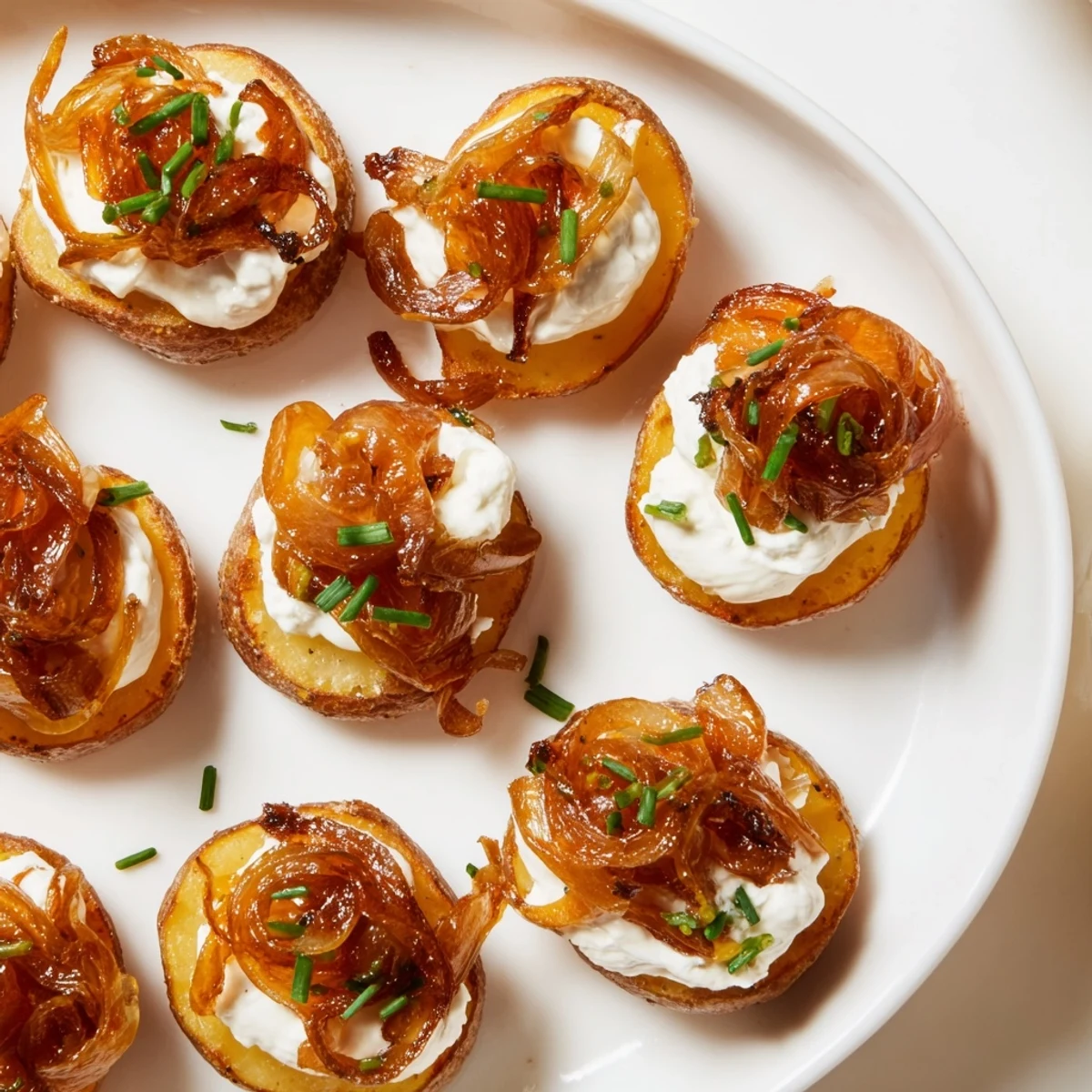 A platter of warm, savory Lightened French Onion Potato Bites, perfect for a party appetizer.
