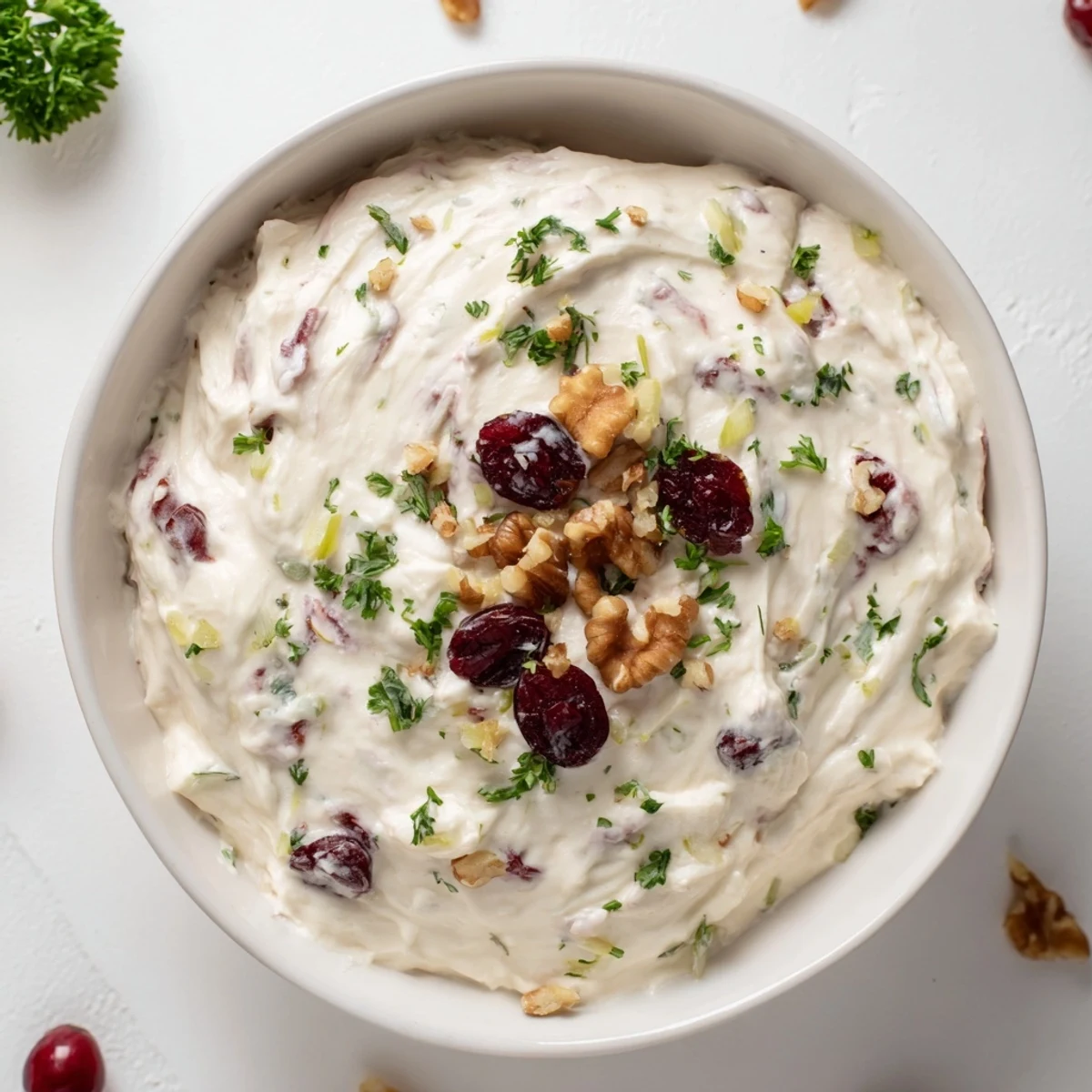 This festive photo shows a bowl of Lightened Holiday Cream Cheese Dip, garnished with tasty cranberries.