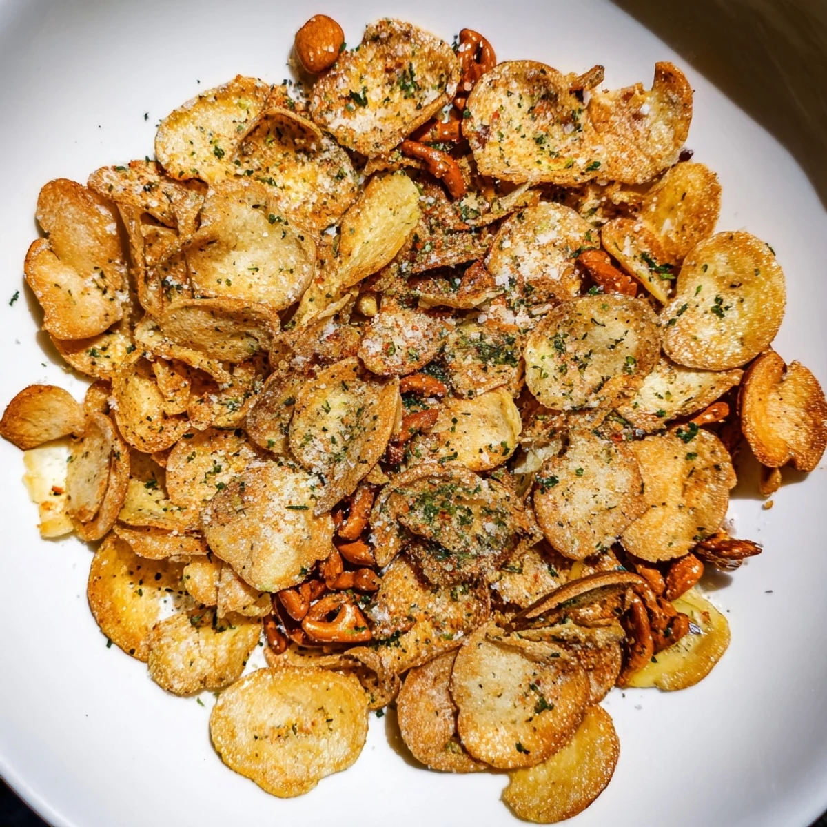 Bright red and green candies top this delicious Air Fryer Bagel Chip Christmas Mix, ideal for holiday snacking.