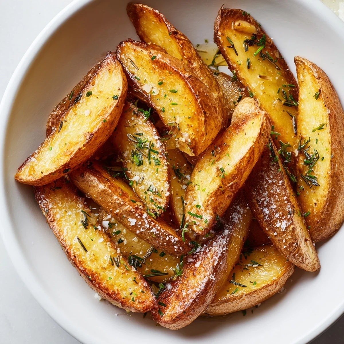 A close-up of perfectly roasted Quick Rosemary Roast Potato Wedges, showing a flavorful side dish.