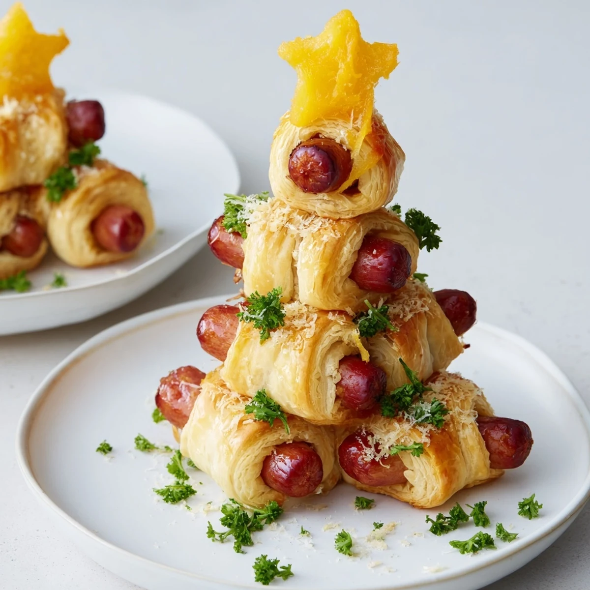 Beautiful golden-brown Express Pigs in Blanket Christmas Tree on a baking sheet, ready to serve with mustard.