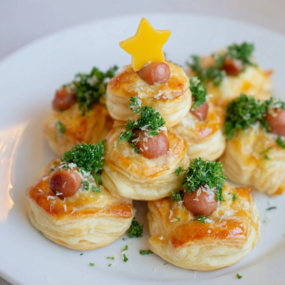 Enjoy delicious, flaky, and savory Express Pigs in Blanket Christmas Tree shaped like a holiday centerpiece, perfect for dipping.