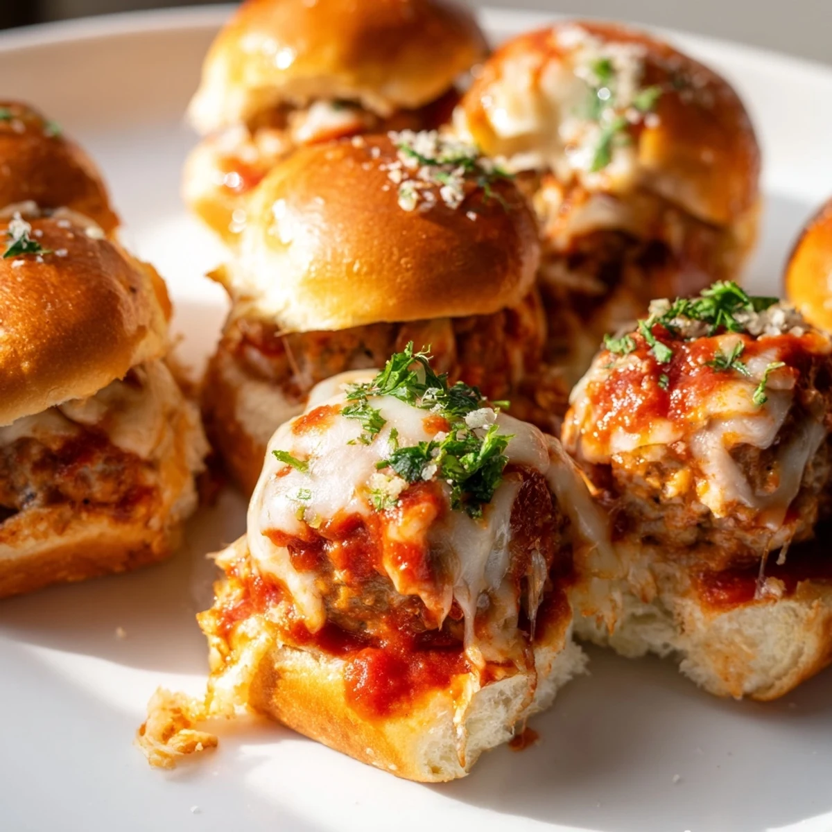Golden-topped Easy Christmas Meatball Sliders, brimming with mozzarella and marinara, perfect for holiday feasts.