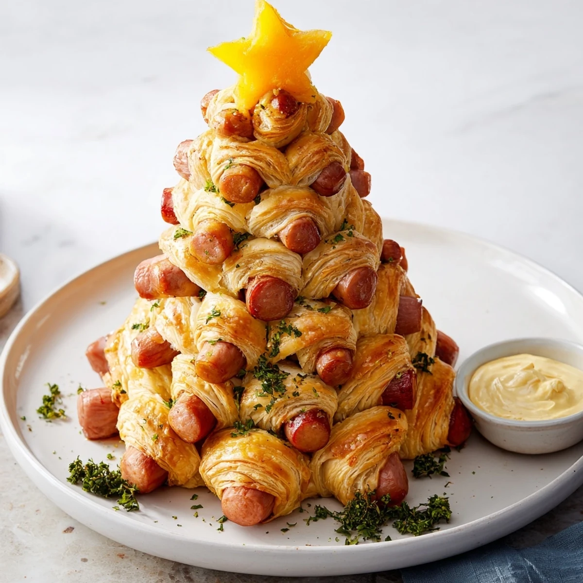 Golden-brown Express Pigs in Blanket Christmas Tree arranged with a bright cheddar star, ready to serve with mustard dip.