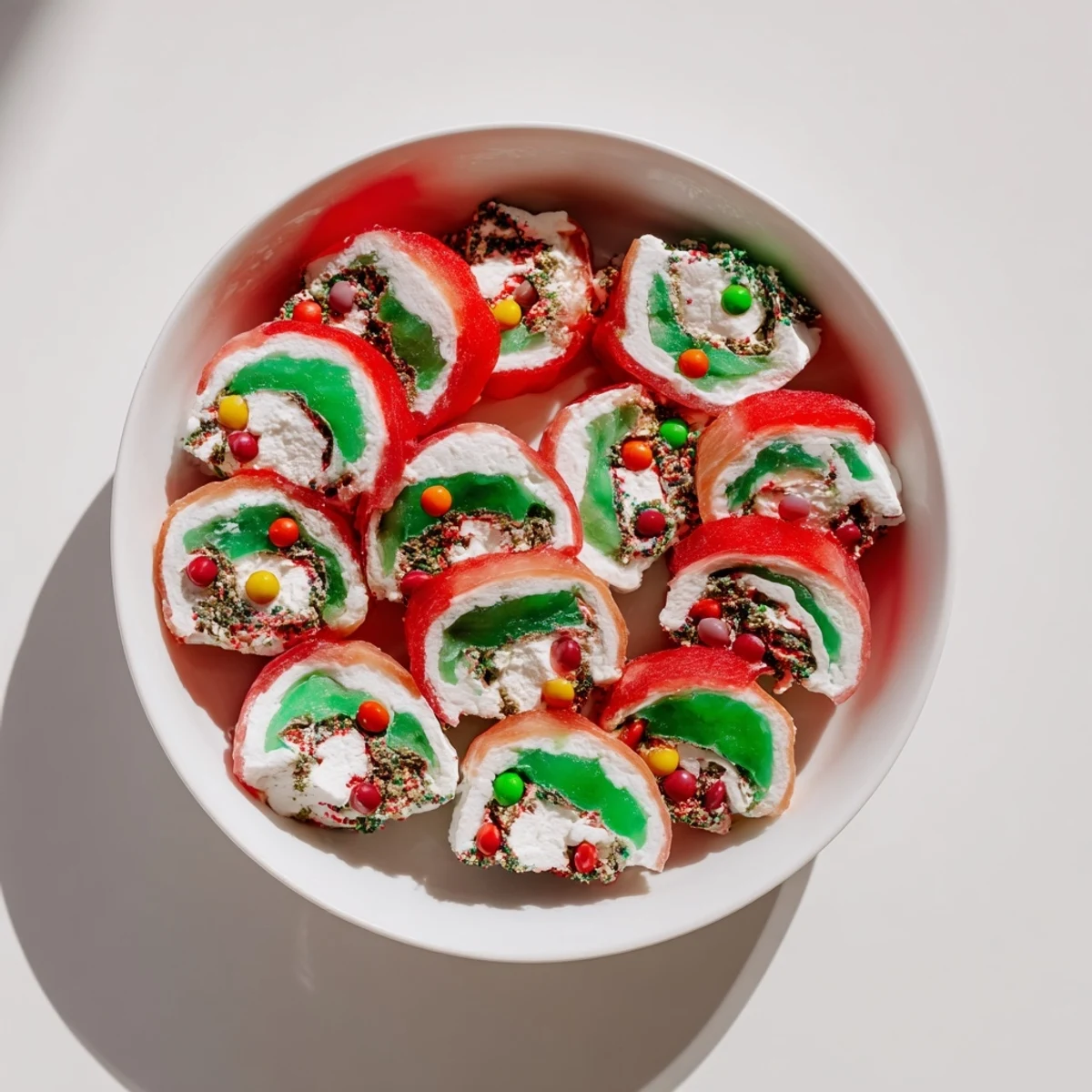 Bright and colorful Easy Christmas Fruit Rollup Sushi, ready to be sliced, a fun holiday dessert idea!