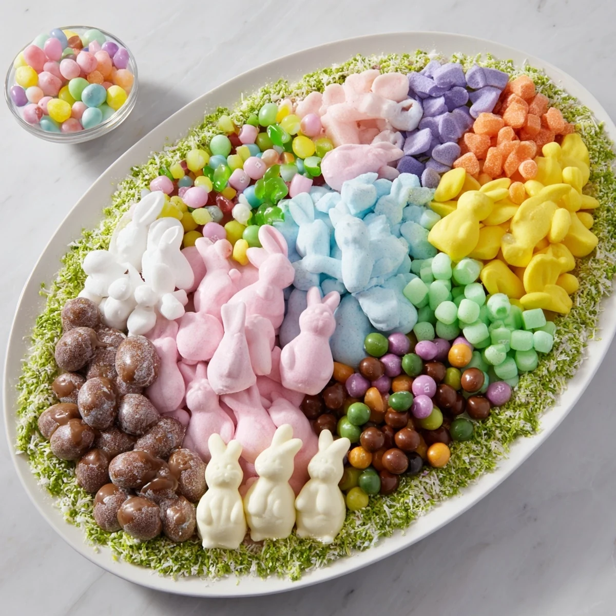 This Egg-Shaped Candy Platter presents a delightful array of chocolate eggs, jelly beans, and other treats.