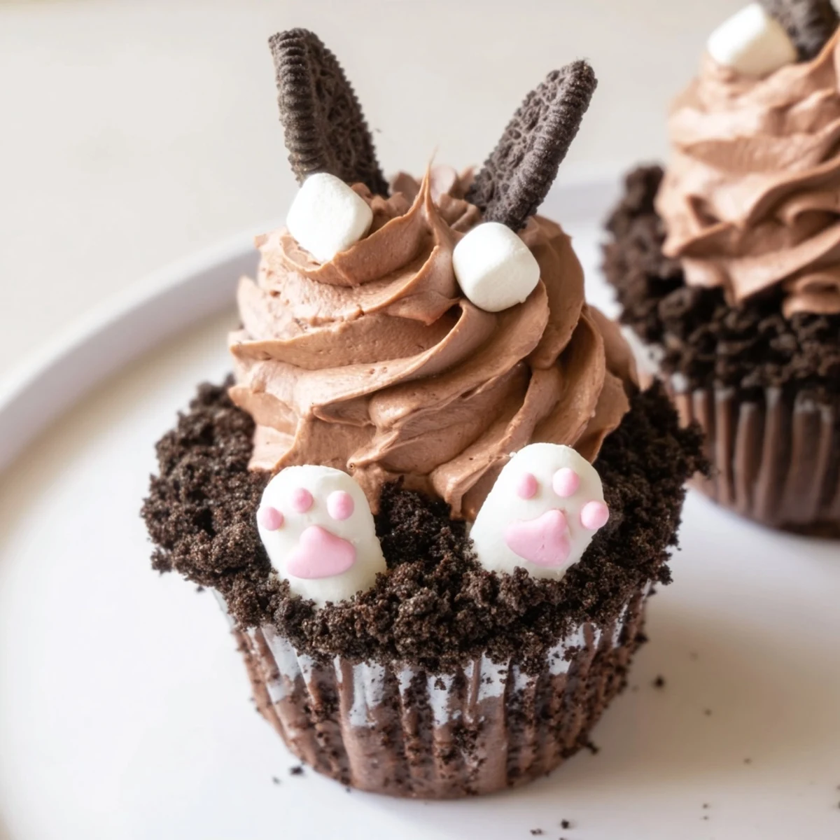 Easter Bunny Burrow Cupcakes, moist chocolate treats with buttercream "soil" and fondant bunny decorations for a holiday party.