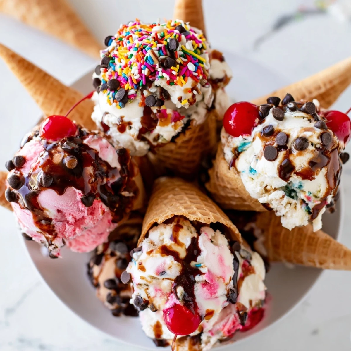 A colorful Ice Cream Cone Grazing Board filled with sweet treats and fresh fruit, ready to enjoy.