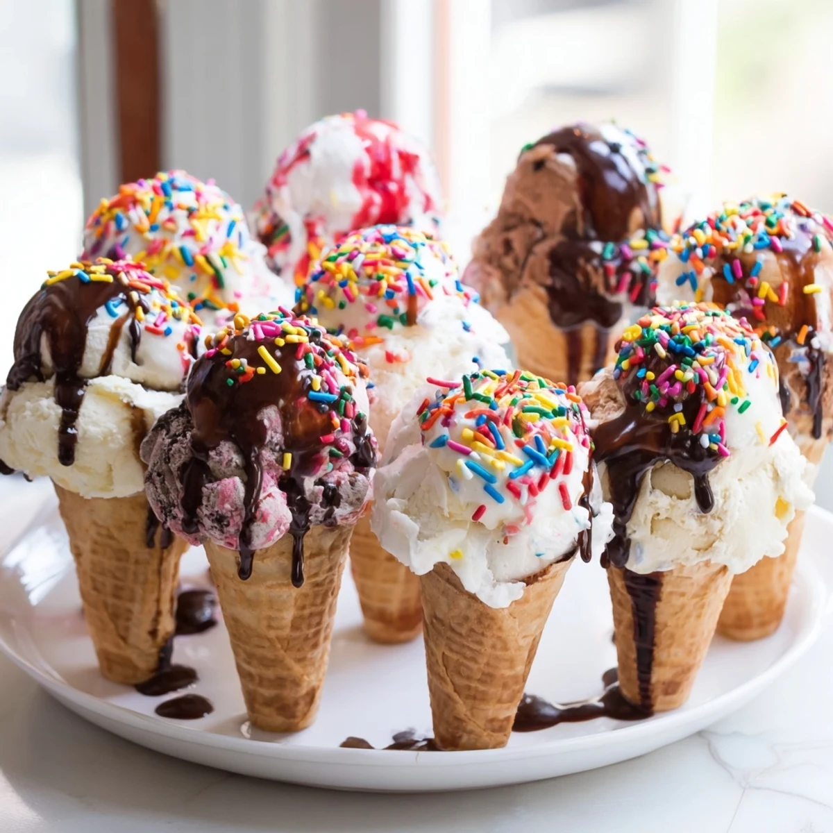 Delectable Ice Cream Cone Grazing Board arranged with waffle cones, vibrant toppings, and fresh berries for a party.