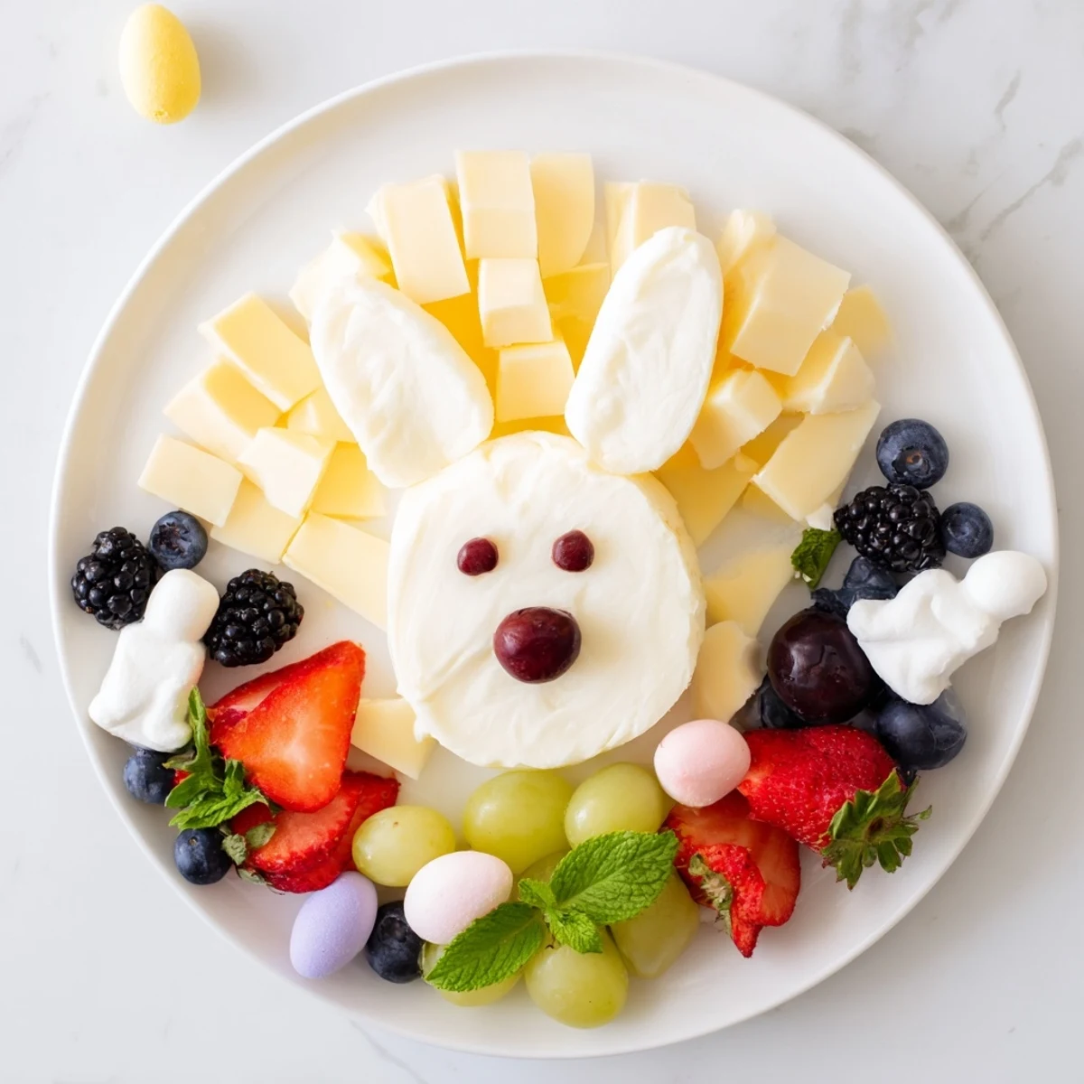 This Bunny Ears Easter Board features a vibrant array of fresh fruits, cheeses, and adorable Easter treats.