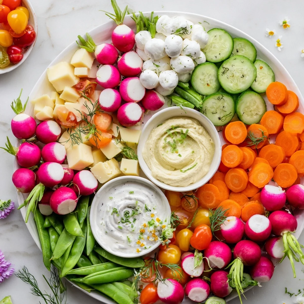 Vibrant Spring Wreath Appetizer Platter featuring colorful vegetables, cheeses, and dips, ready for guests to enjoy.