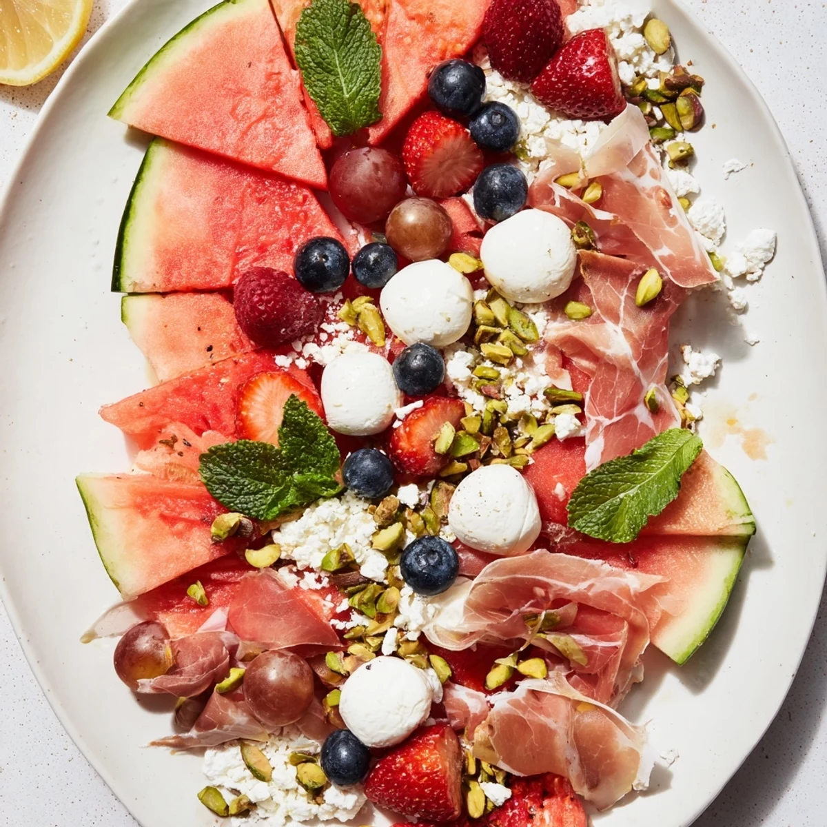 A close-up of a refreshing Watermelon Slice Charcuterie, showcasing colorful fruits and cheeses arranged beautifully.