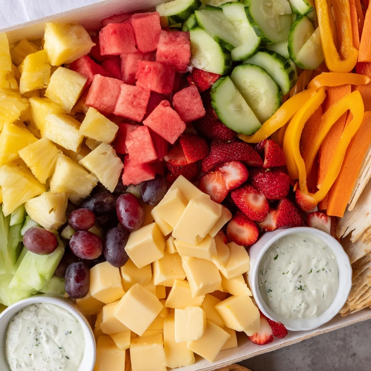 A delightful Sunshine Snack Tray: Fresh fruits, crunchy veggies, savory cheese, ready to enjoy.