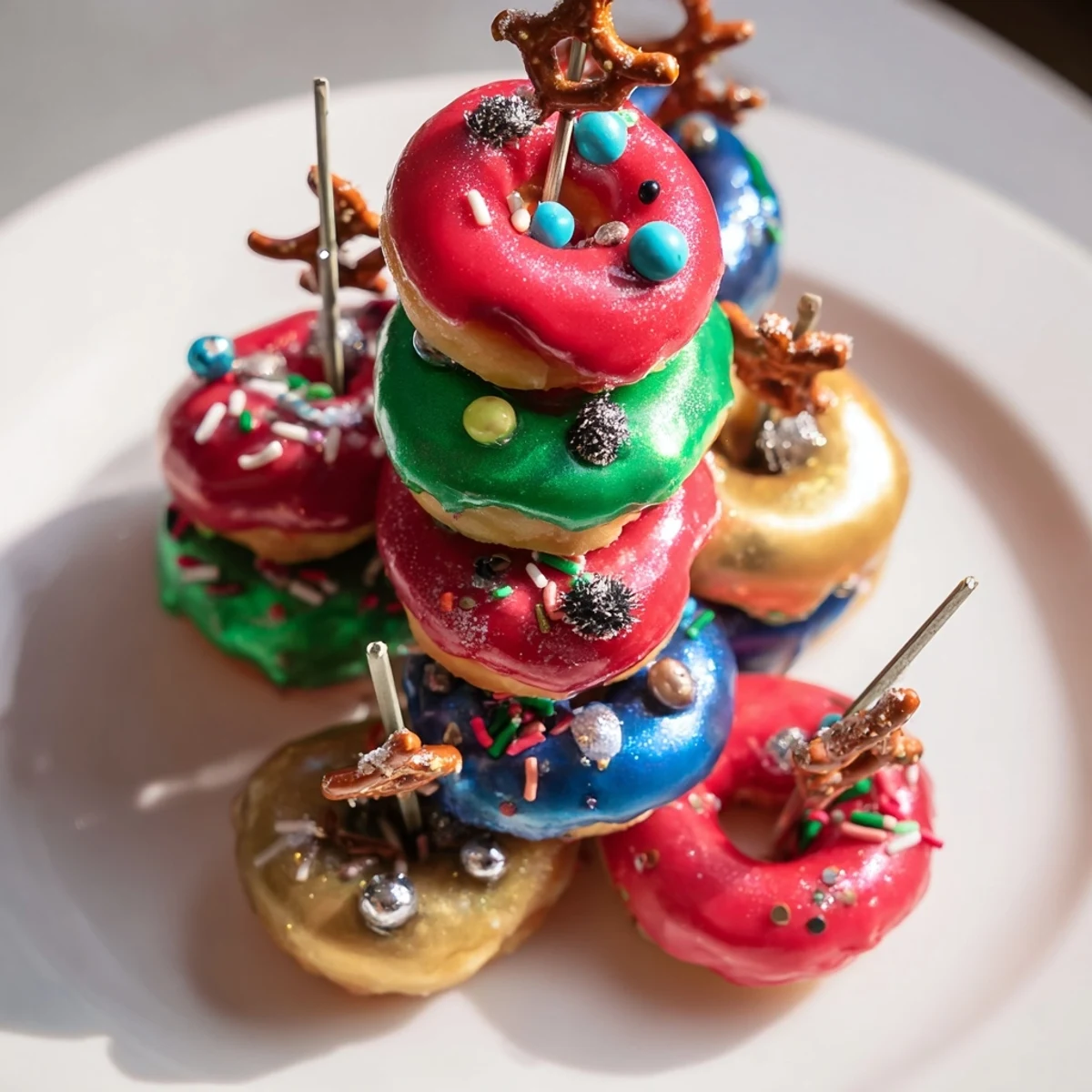 Donut Stack Christmas Ornament Tower, a festive dessert, is glittering and topped with pretzel hooks for fun.