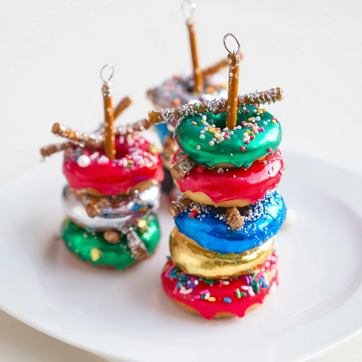 Vibrant Donut Stack Christmas Ornament Tower, colorful ornaments made of mini donuts for a sweet holiday treat.