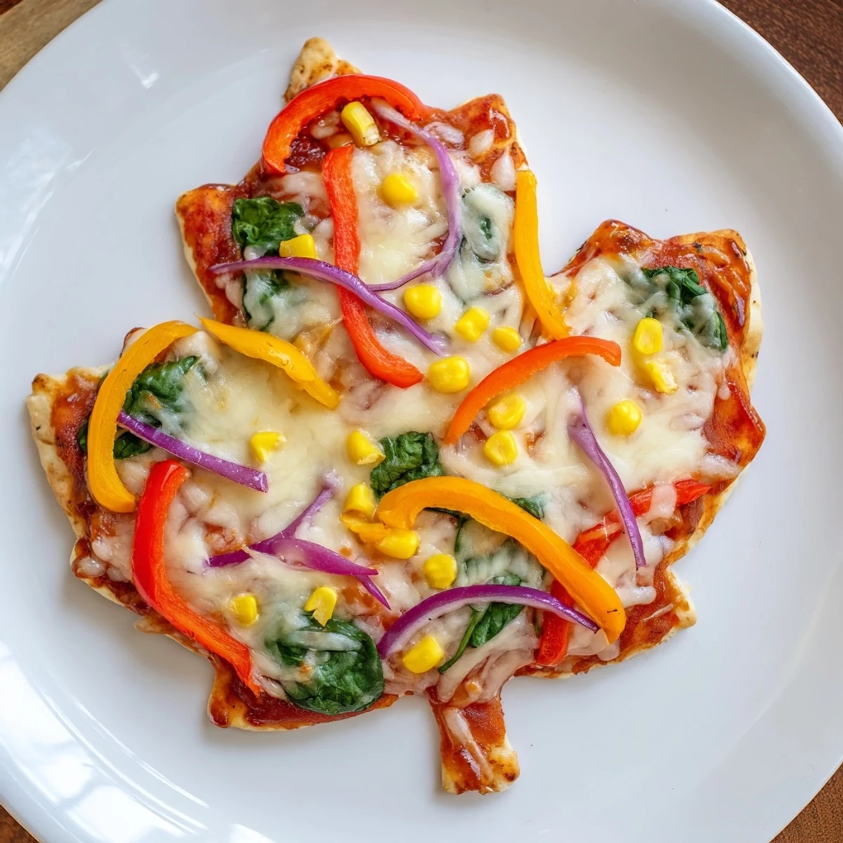 Golden, bubbly Fall Foliage Maple Leaf Mini Pizzas, topped with vibrant peppers and spinach, ready to enjoy.