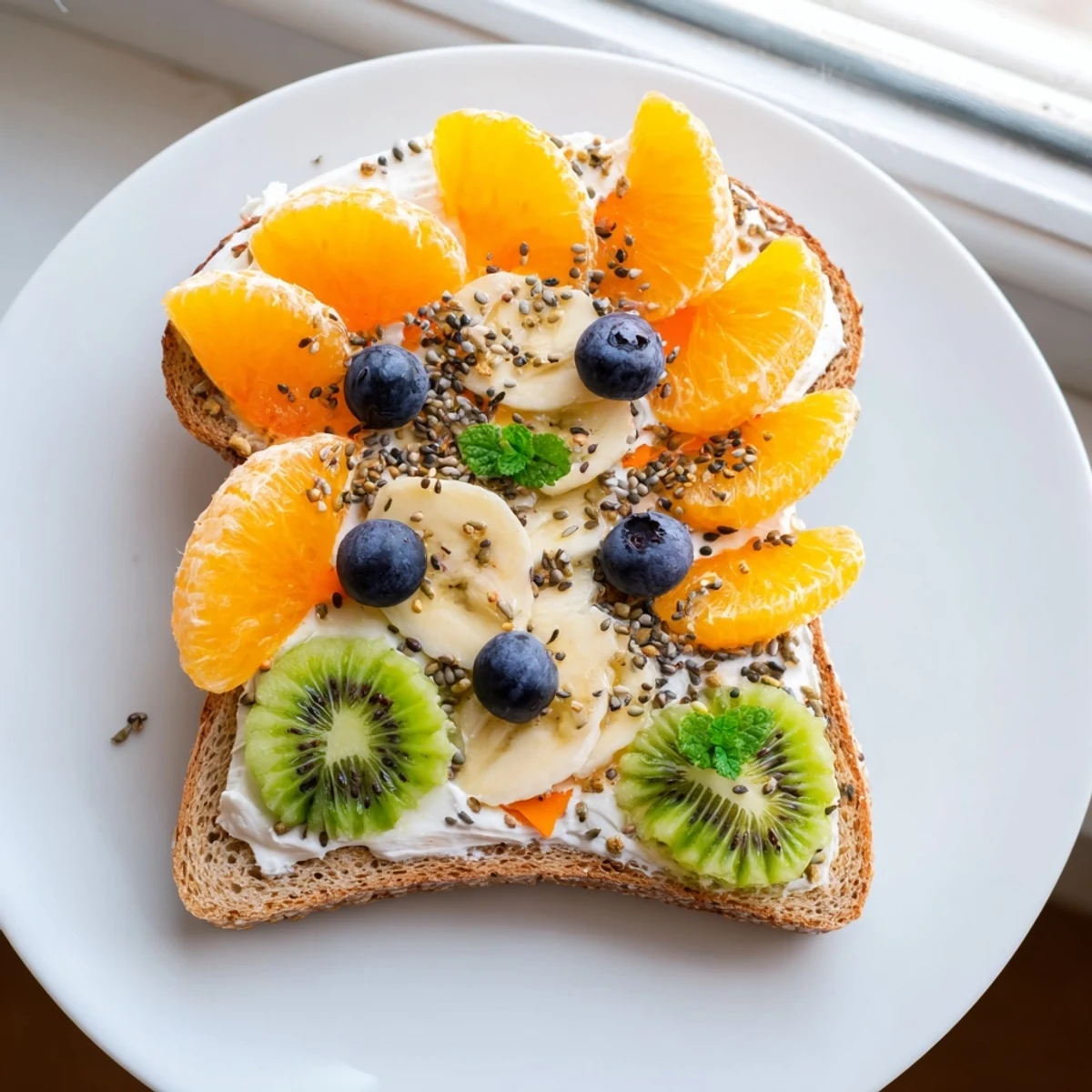 Morning Sun Breakfast Toast with banana sun design and vibrant fresh fruit segments looks inviting.