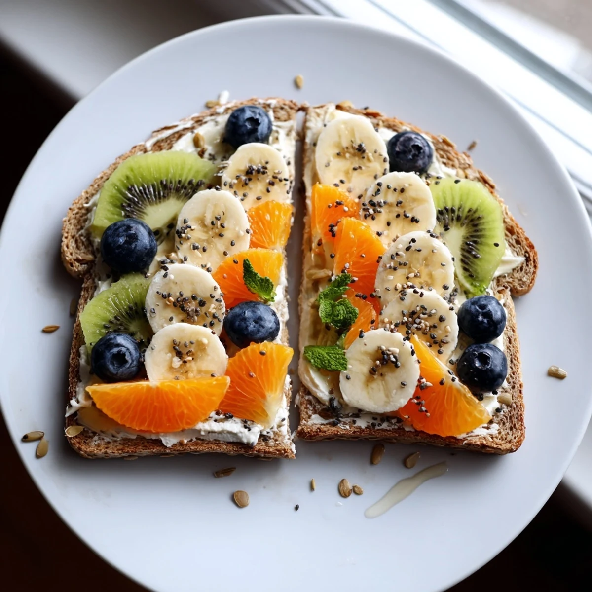 Delicious Morning Sun Breakfast Toasts artfully arranged with colorful fruits and seeds; a healthy breakfast.