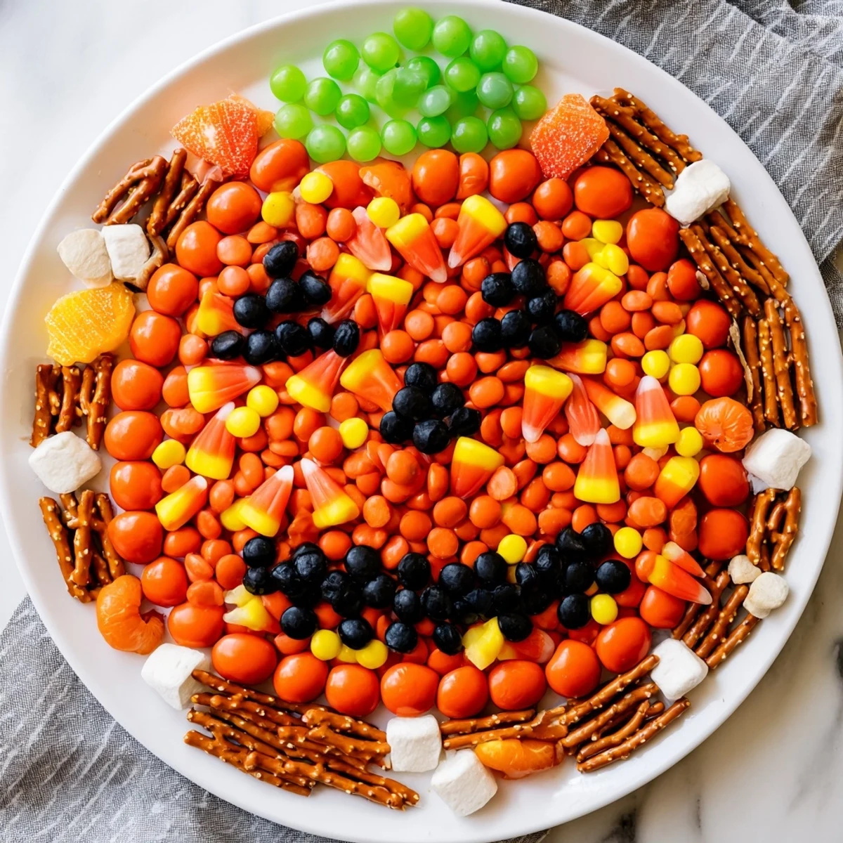 Vibrant Jack-o-Lantern Candy Board: an array of orange and black candies forming a spooky Halloween design.