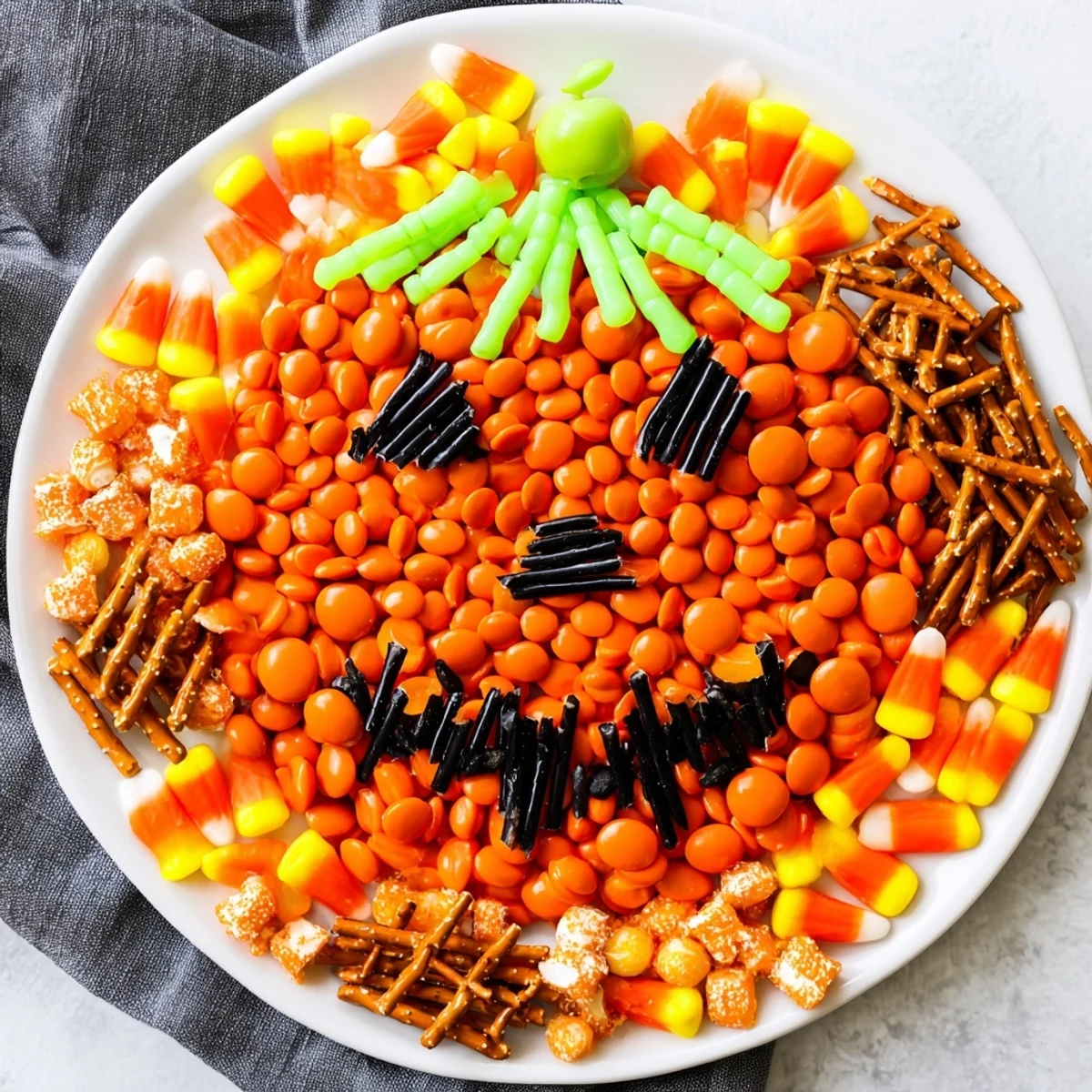 A close-up view of the finished Jack-o-Lantern Candy Board, ready to be enjoyed at a party!