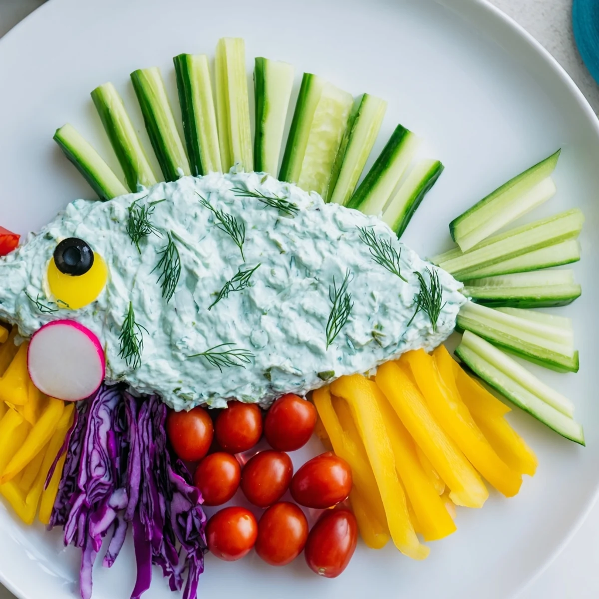 A beautiful Ocean Blue Fish-Shaped Dip Tray featuring a cheerful fish crafted from healthy snacks.