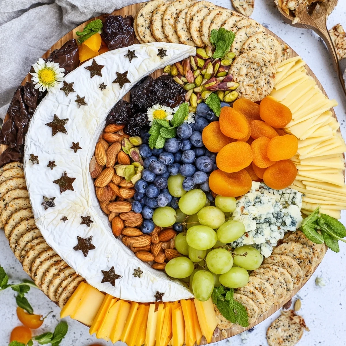 Delicious Crescent Moon Midnight Snack Board featuring brie, cheddar, and fruit, ready for a starry night.