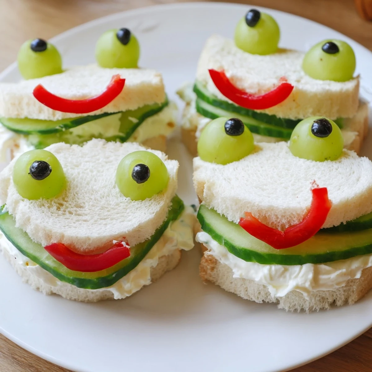 Froggy sandwich cutouts, whimsical frog-shaped sandwiches with green grapes for eyes, ready to eat!