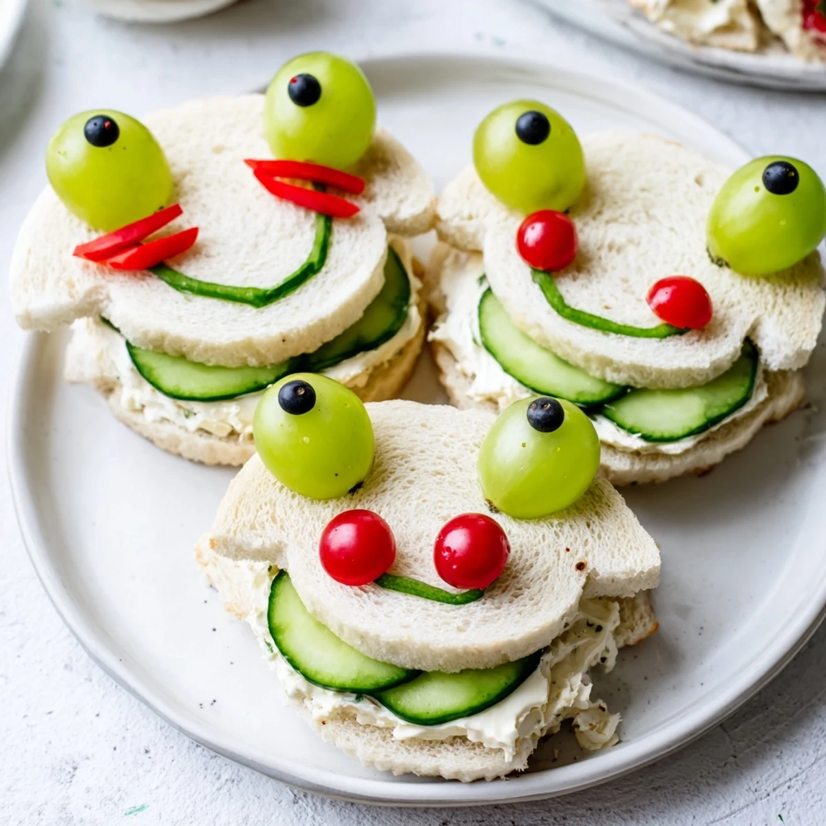 Kid-friendly Prince Charming Froggy sandwiches, creative with cherry tomato cheeks, set for a picnic.