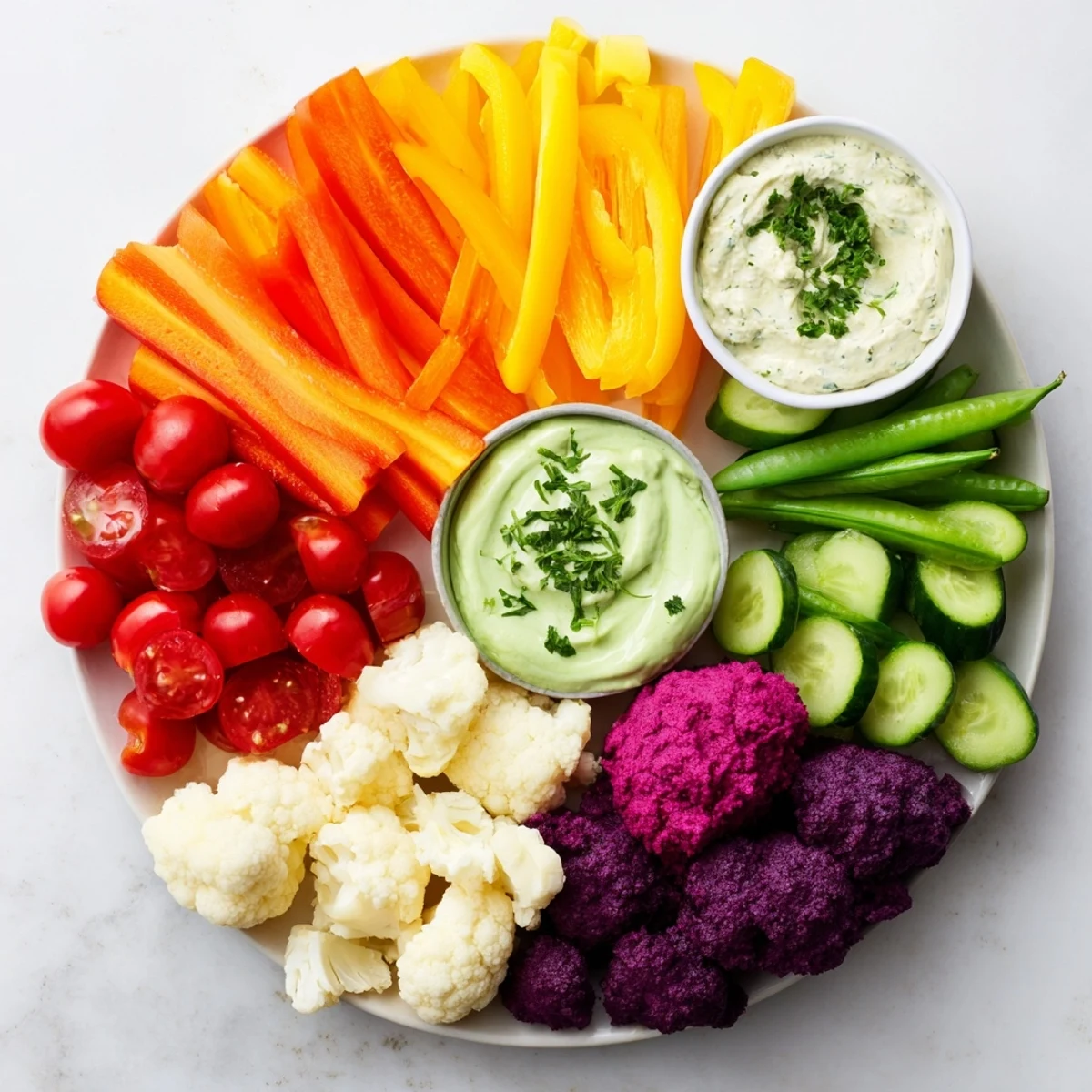 Colorful Rainbow Vegetable Dips platter featuring fresh veggies and creamy dips perfect for snacking.
