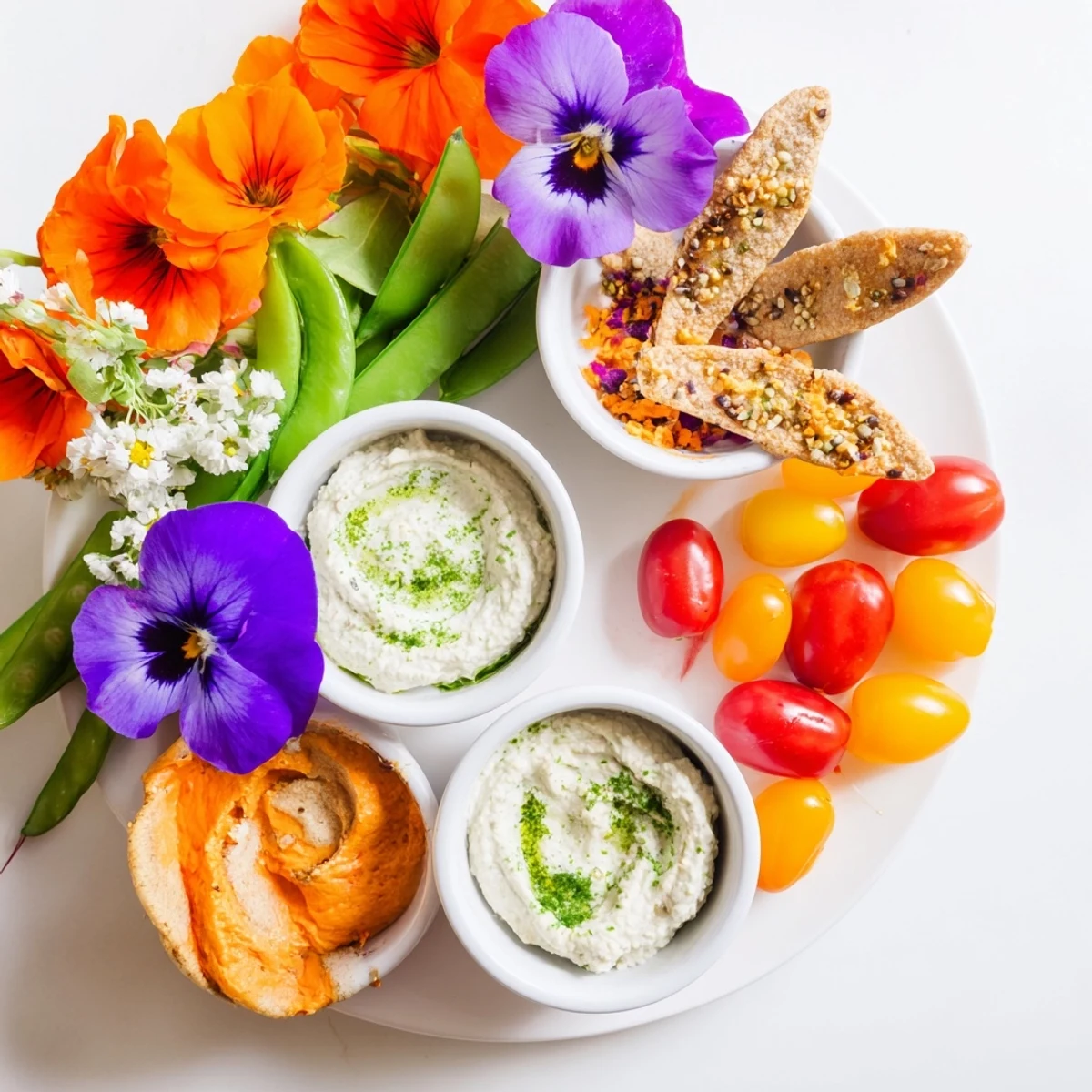 A colorful Fairy Garden Platter displays fresh veggies and flowers served with creamy dips and crackers.