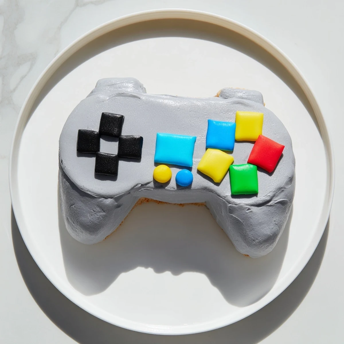 Pixel video game controller cake, a colorful fondant creation ready to delight party guests.