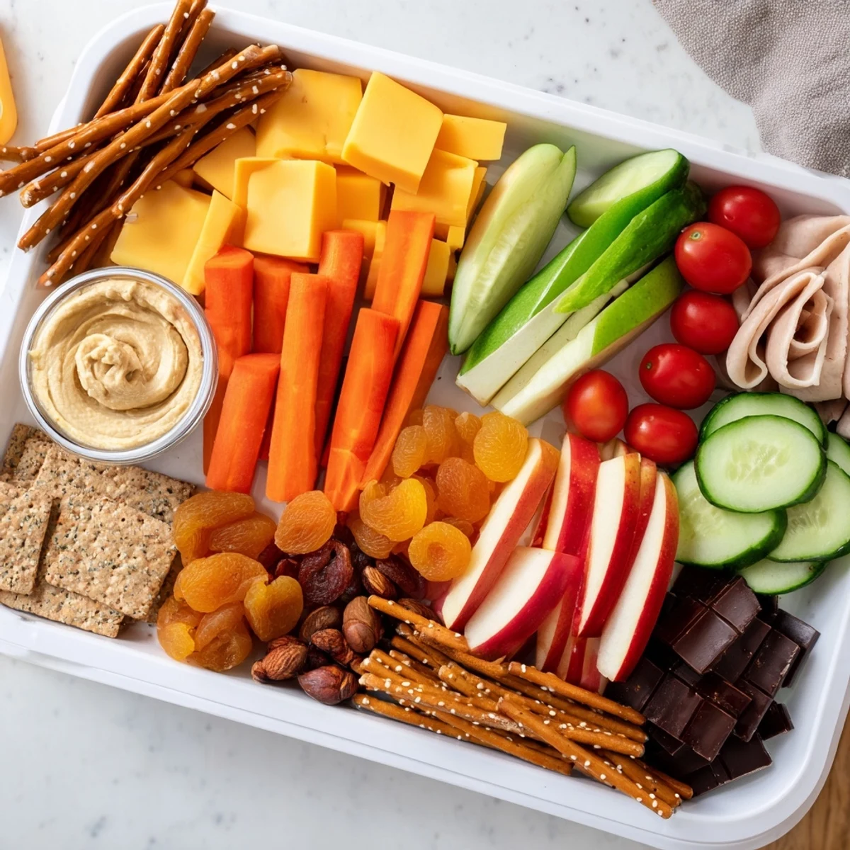 A delicious road trip snack platter featuring cheese, turkey, and crunchy mixed nuts; perfect for sharing.