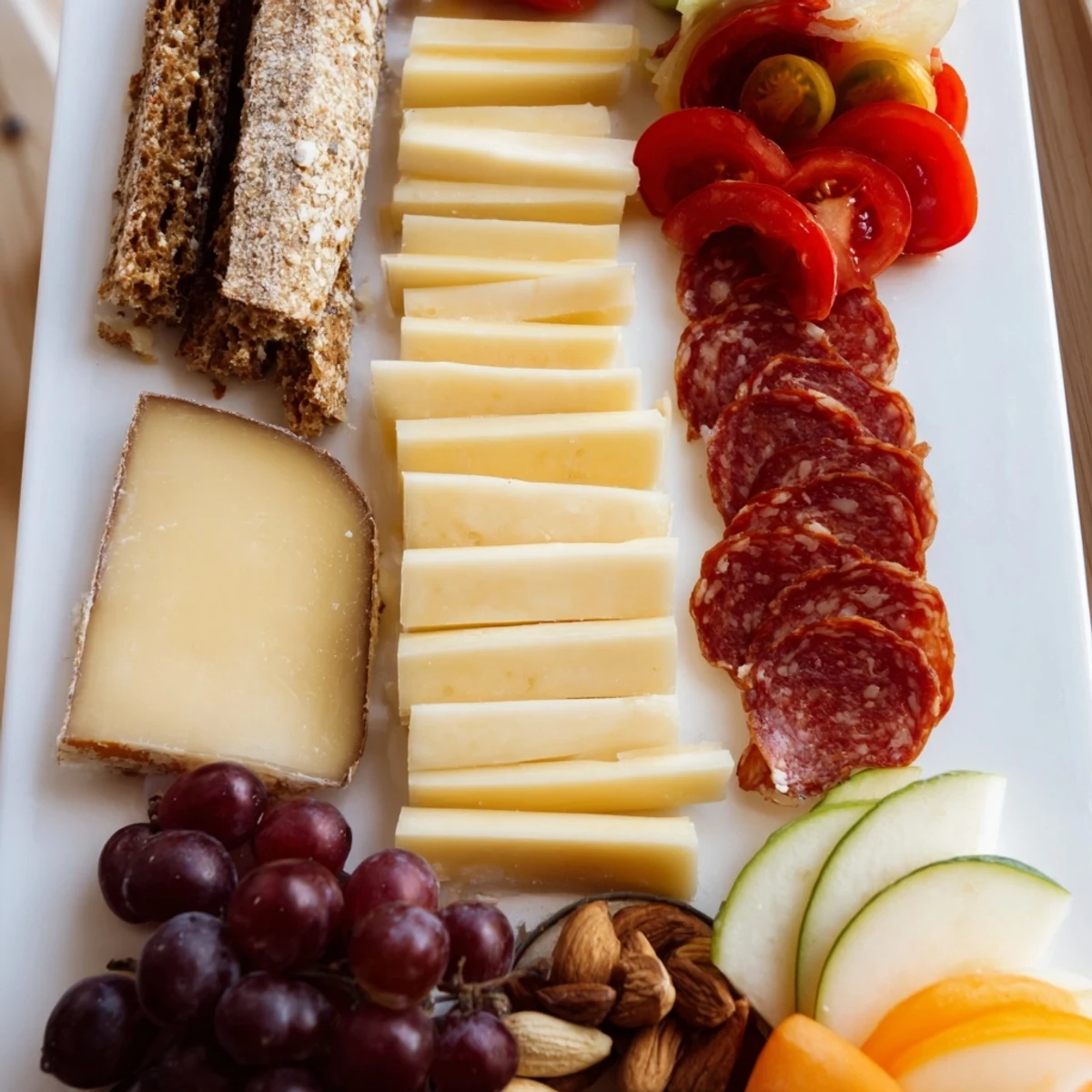 Golden, generous view of a Planche Montagne Aventure Collation, featuring cheeses, meats and fruit.