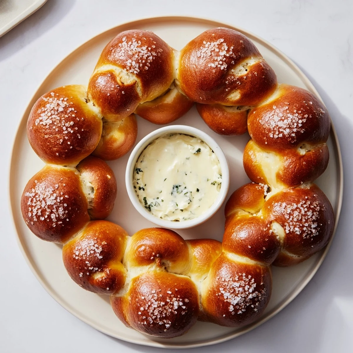 Pull-apart soft pretzel bites circle a warm, cheesy Spinach Dip in this Pretzel Wreath Dip ring.