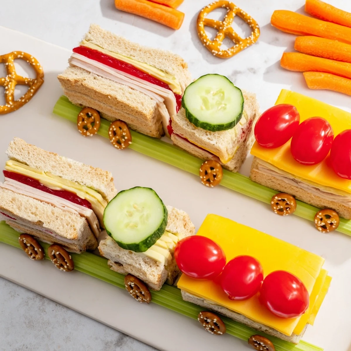 A cheerful Train Track Sandwich Board lunch with colorful, sandwich train cars and edible tracks.