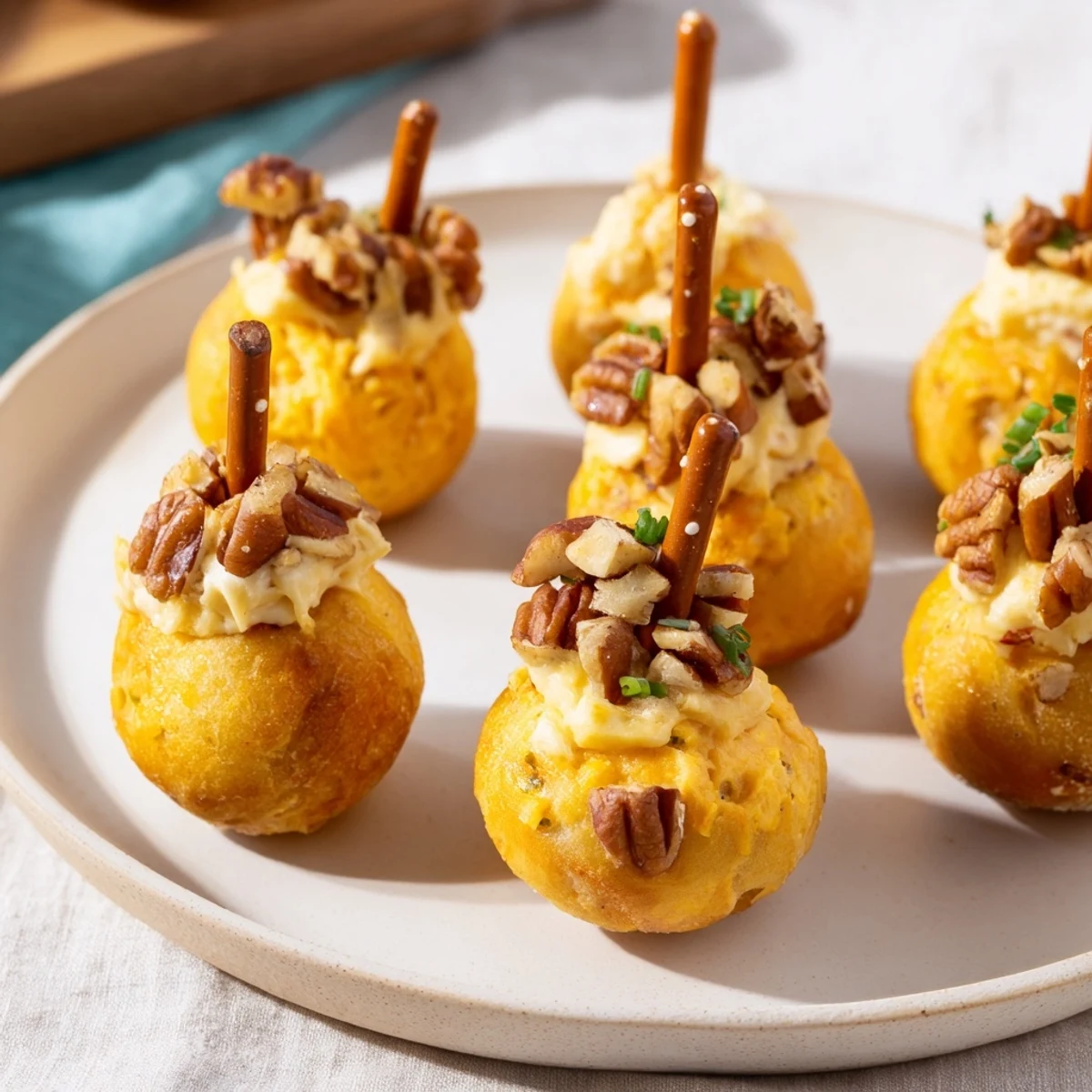 Savory acorn-shaped cheese ball bites, coated in pecans and herbs, ready for fall appetizers.
