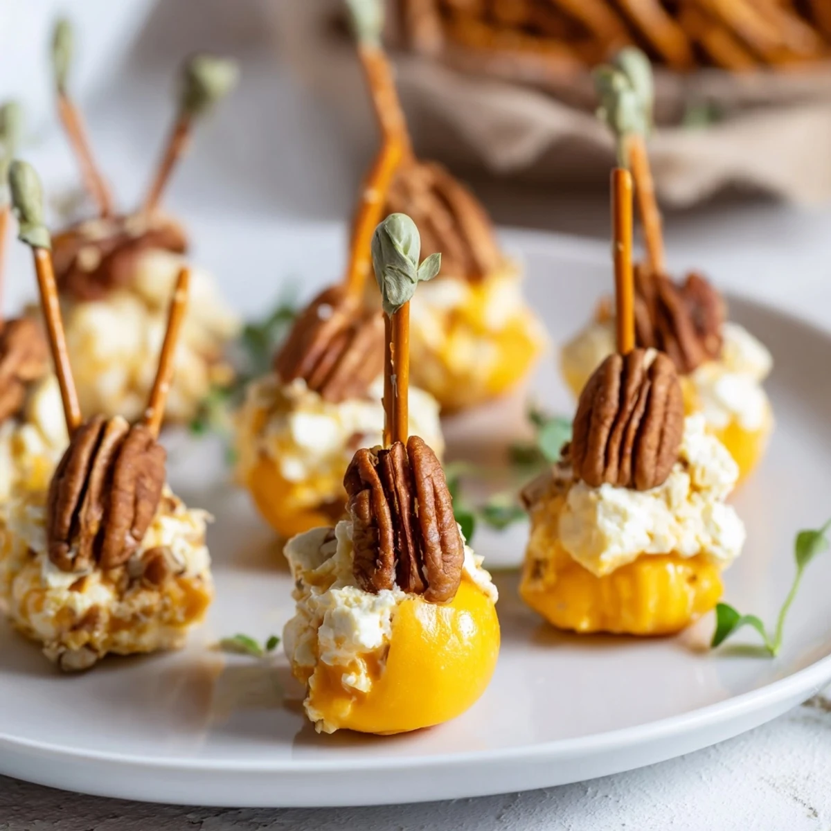 Enjoy these flavorful acorn cheese ball bites, a festive appetizer perfect for a party spread.