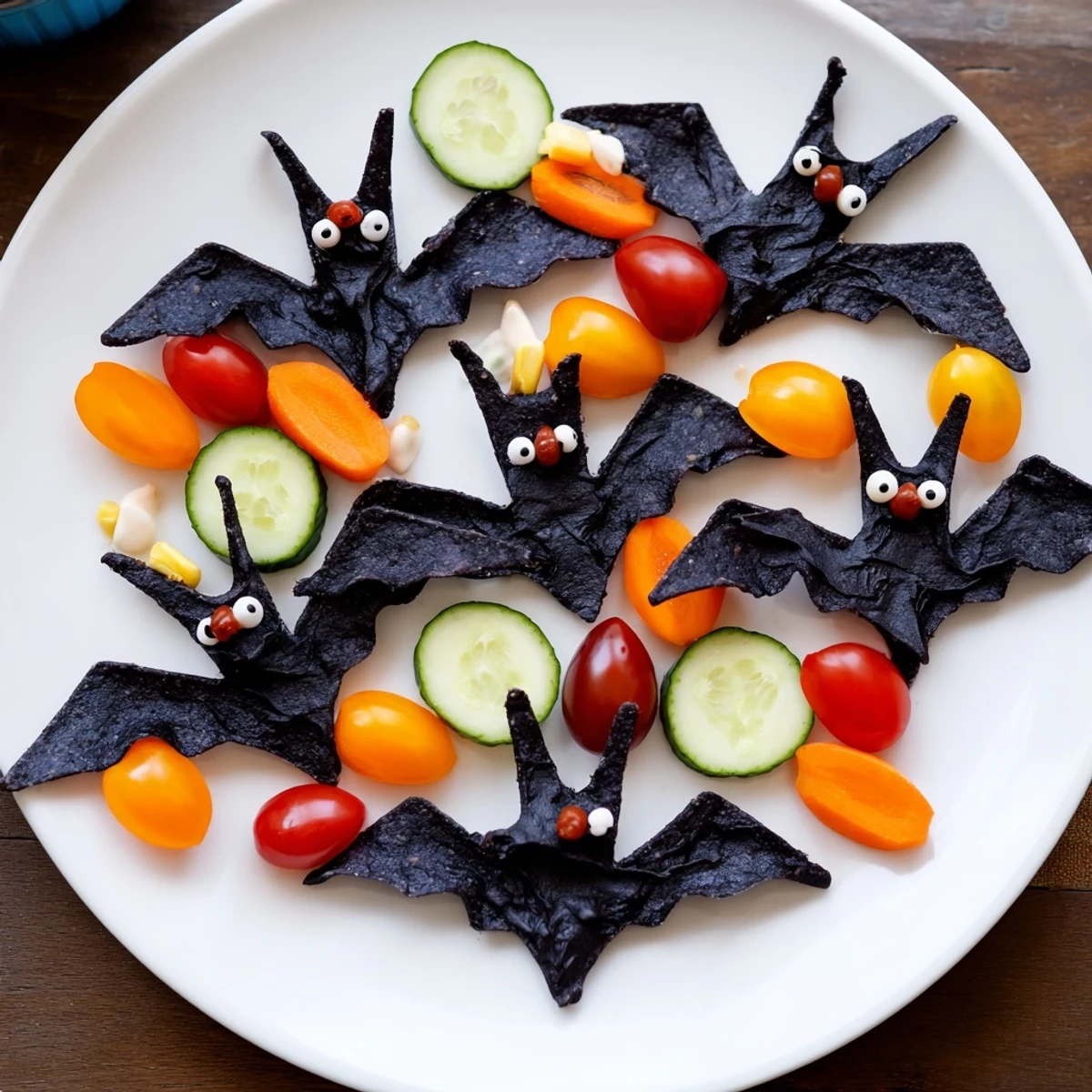 Creamy black bean dip transforms into eerie bat shapes on this Spooky Bat Bean Dip Platter with colorful veggie dippers.