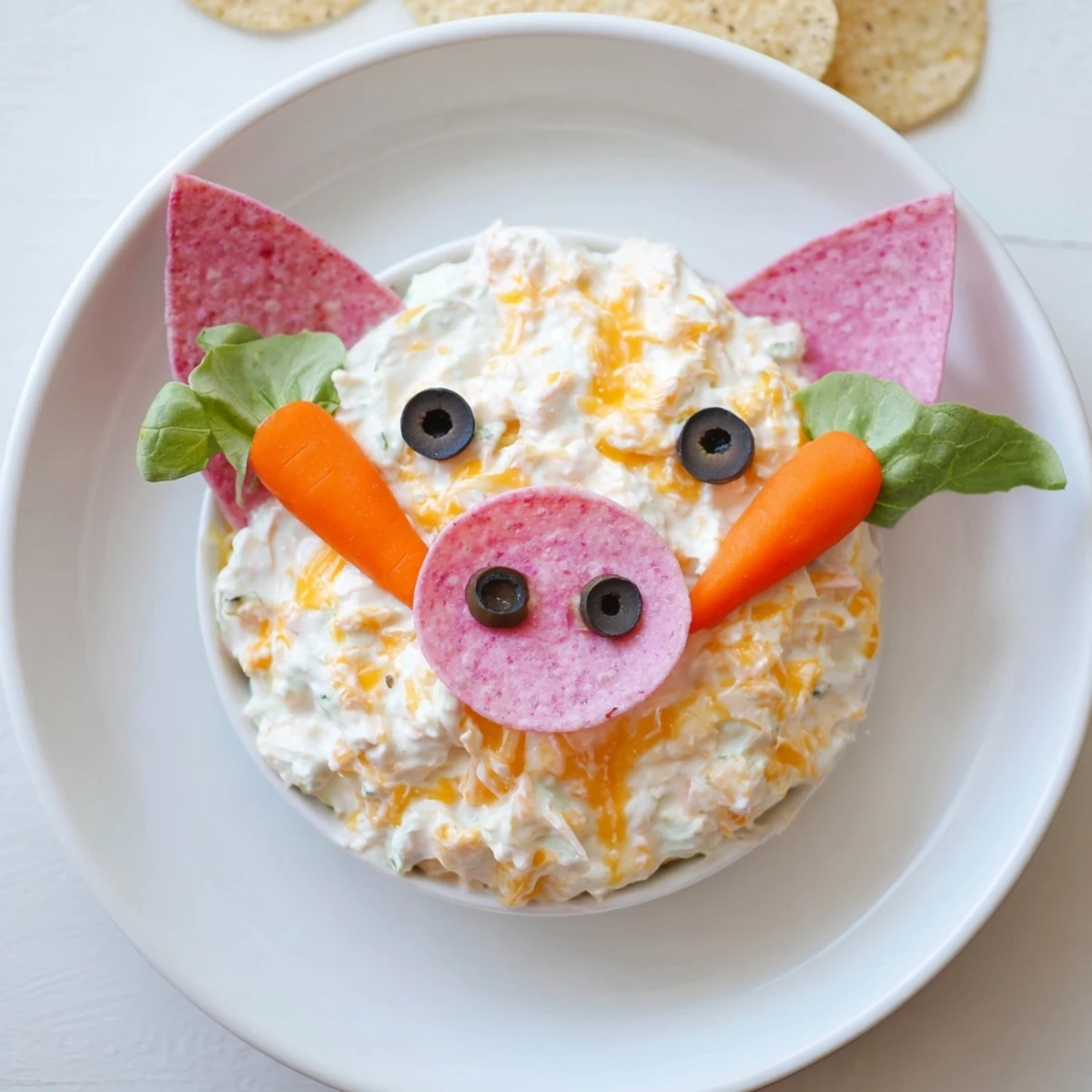 Farm-themed Piggy Face Dip bowl: a whimsical and delicious vegetarian appetizer for a crowd.