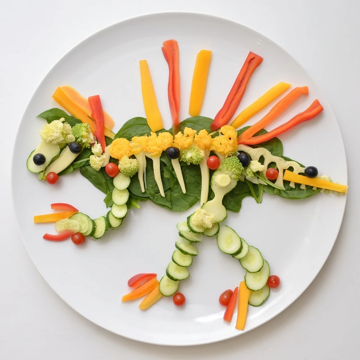 Vibrant T-Rex Fossil Crudités: a fun, healthy veggie platter with creamy ranch dip, perfect for kids.