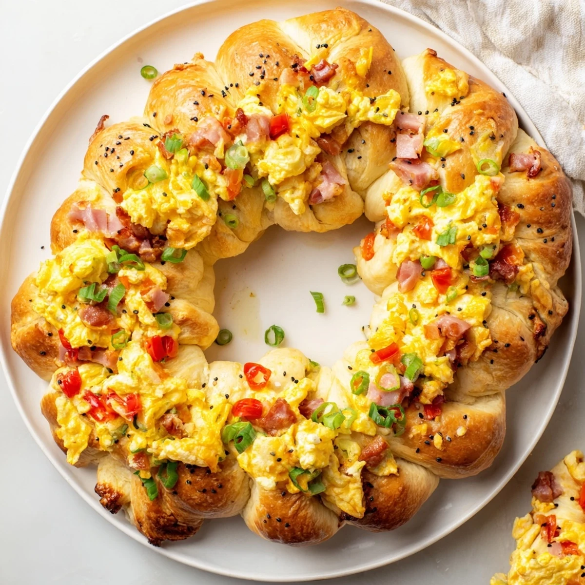 Golden brown Wreath-Shaped Egg and Ham Bake, a savory brunch ready to serve and enjoy with friends.